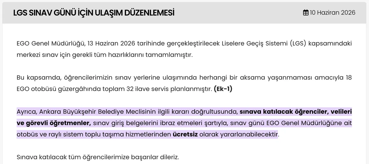 LGS günü Ankarada toplu taşıma ücretsiz mi? EGO Genel Müdürlüğünden 13 Haziran için açıklama!