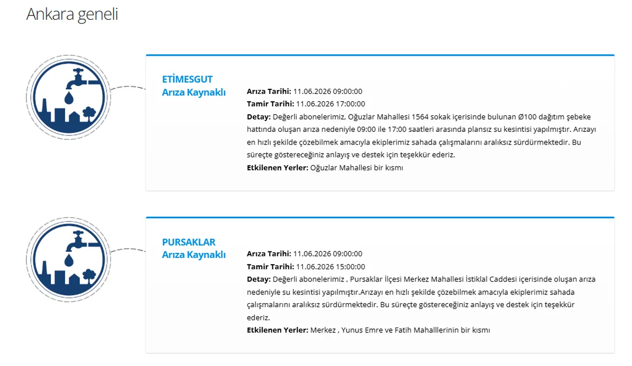 Ankaranın birçok ilçesinde su kesintisi (Etimesgut, Pursaklar, Polatlı, Beypazarı, Sincan) Sular ne zaman gelecek?