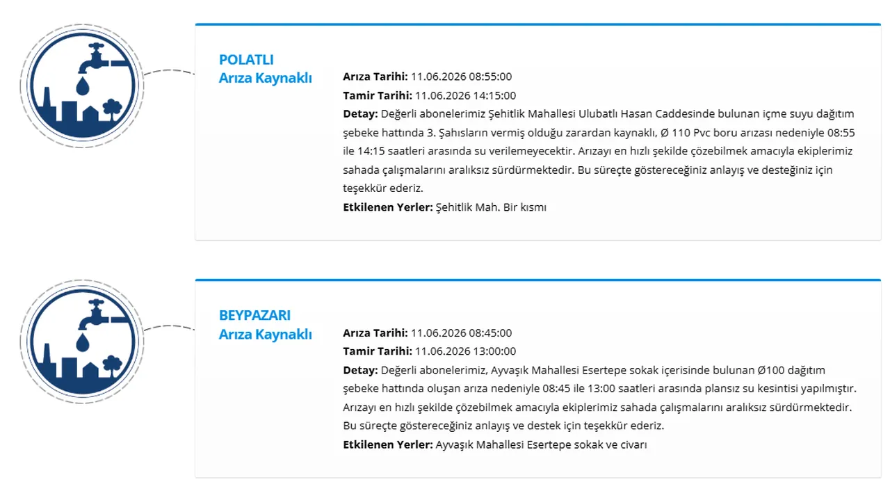 Ankaranın birçok ilçesinde su kesintisi (Etimesgut, Pursaklar, Polatlı, Beypazarı, Sincan) Sular ne zaman gelecek?
