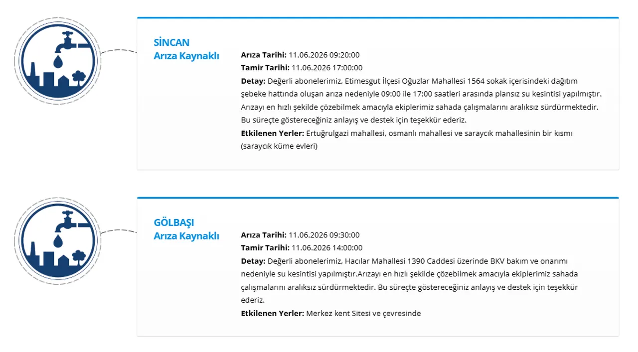 Ankaranın birçok ilçesinde su kesintisi (Etimesgut, Pursaklar, Polatlı, Beypazarı, Sincan) Sular ne zaman gelecek?