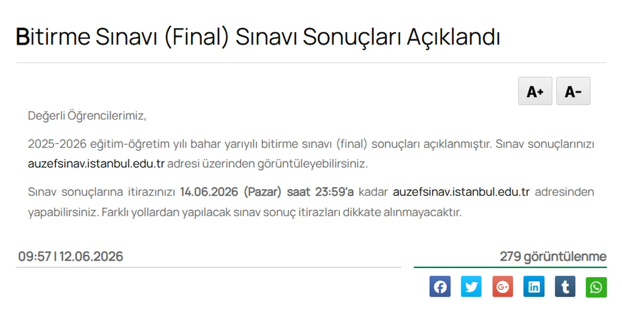 AUZEF sınav sonuçları açıklandı! 2026 İstanbul Üniversitesi AUZEF final sınavı sonuçları sorgulama