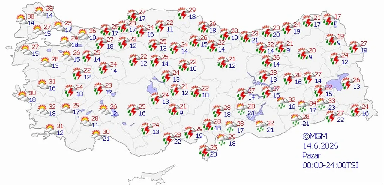 14 Haziran 2026 MGM hava durumu tahmin haritası