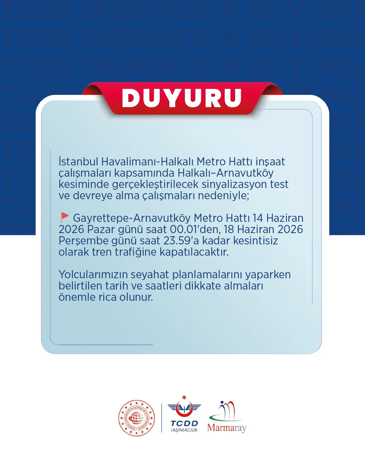 TCDD'den İstanbullulara kritik uyarı! M11 metro hattı 4 gün boyunca kapalı olacak
