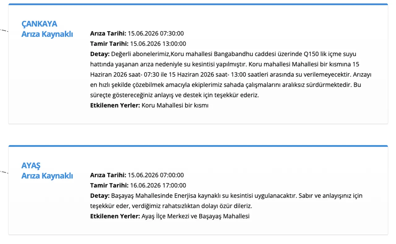 ASKİ su kesintisi 15 Haziran: Ankara Çankaya, Ayaş, Polatlı, Etimesgut, Gölbaşı ve Sincanda sular ne zaman gelecek?