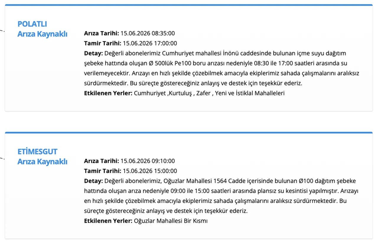 ASKİ su kesintisi 15 Haziran: Ankara Çankaya, Ayaş, Polatlı, Etimesgut, Gölbaşı ve Sincanda sular ne zaman gelecek?