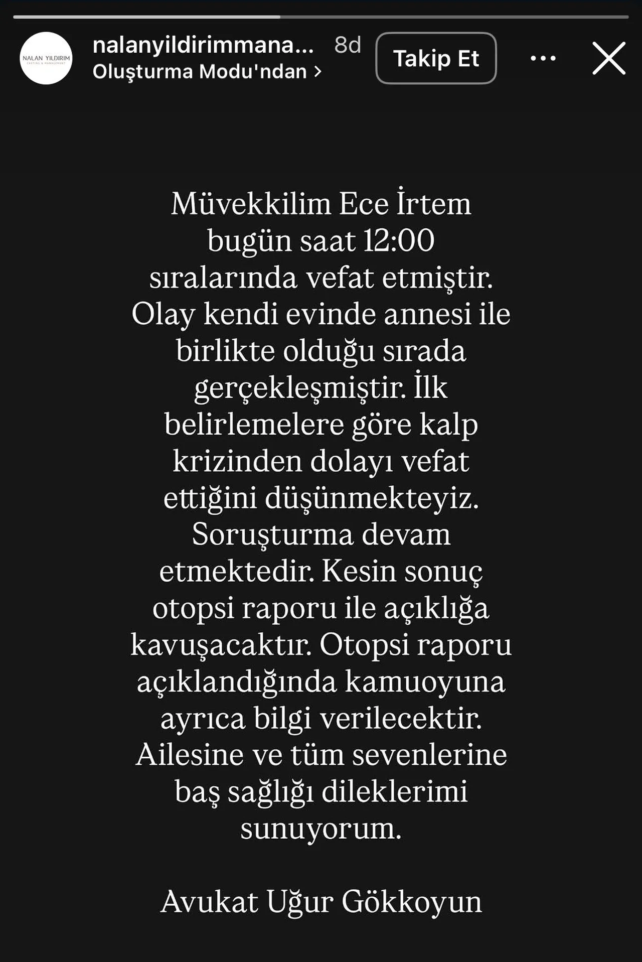 Oyuncunun menajerinin paylaşımı