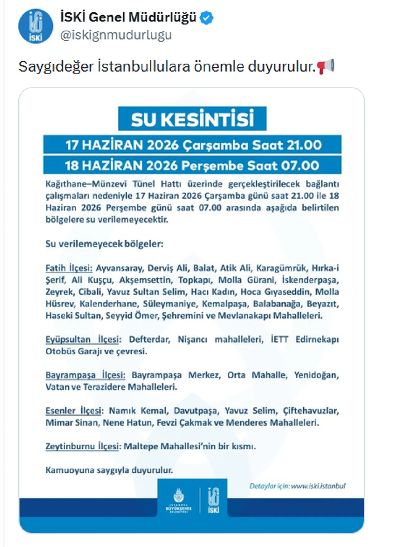 İstanbul’da 10 saatlik su kesintisi! İSKİ saat verdi! Sular ne zaman gelecek?