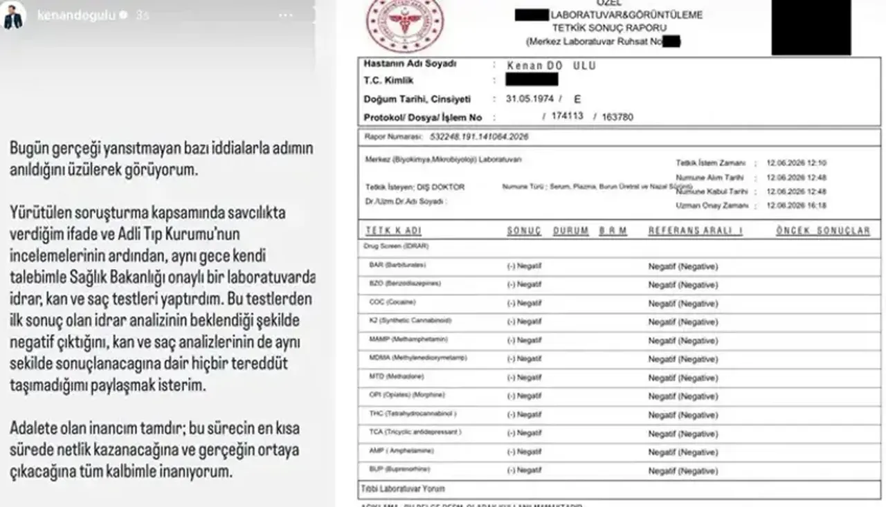 Uyuşturucu test sonucu pozitif çıkan Kenan Doğuludan ilk açıklama! Raporu paylaştı