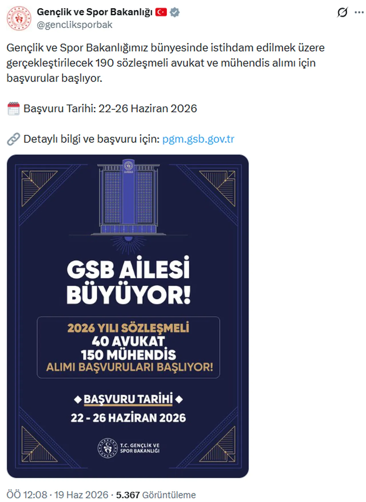 Gençlik ve Spor Bakanlığı (GSB) 190 sözleşmeli personel alacak (GSB personel alımı başvuru tarihleri ve şartları)