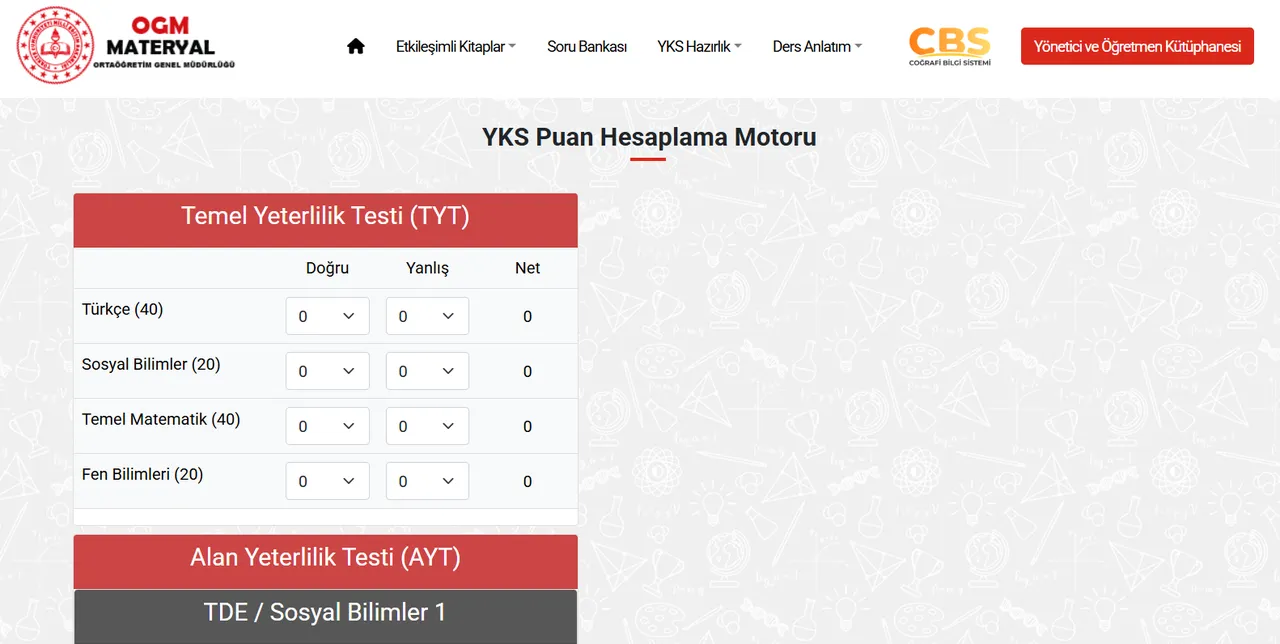 YKS puanı (TYT, AYT, YDT) nasıl hesaplanır? (OGM Materyal YKS 2026 puan hesaplama robotu)