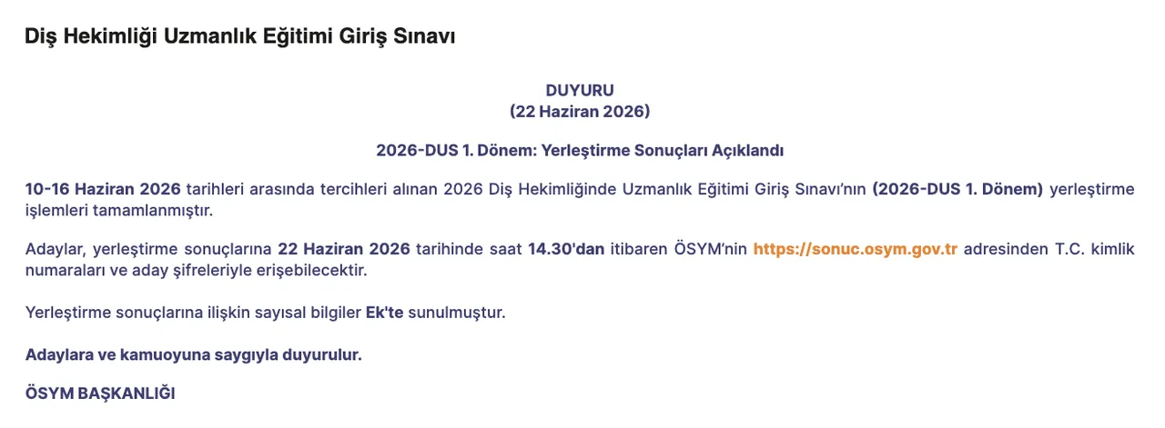 2026-DUS 1. Dönem yerleştirme sonuçları açıklandı: ÖSYM DUS sonuç sorgulama ekranı