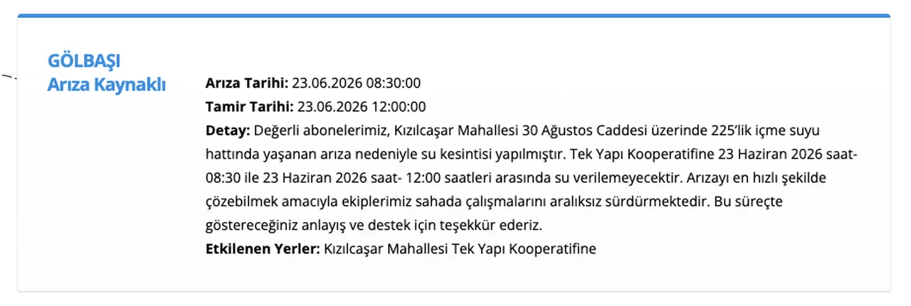 ASKİ su kesintisi 23 Haziran: Ankara Gölbaşı, Yenimahalle, Beypazarı ve Keçiören'de sular ne zaman gelecek?