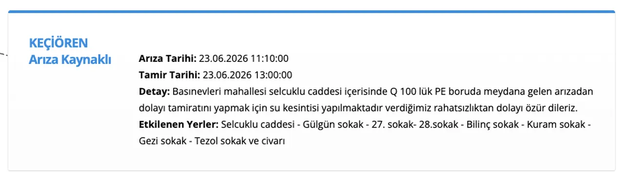 ASKİ su kesintisi 23 Haziran: Ankara Gölbaşı, Yenimahalle, Beypazarı ve Keçiören'de sular ne zaman gelecek?