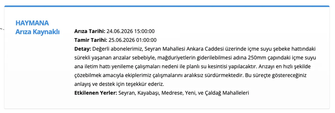 ASKİ su kesintisi 24 Haziran: Haymanada 10 saatlik kesintisi uygulanacak
