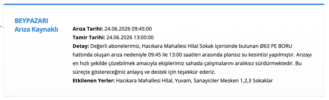 ASKİ su kesintisi 24 Haziran: Haymanada 10 saatlik kesintisi uygulanacak