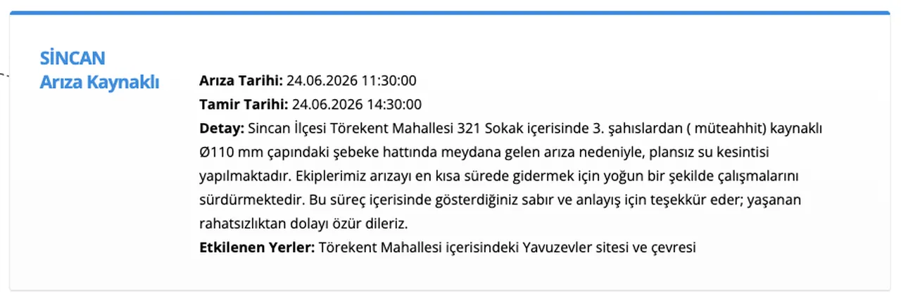 ASKİ su kesintisi 24 Haziran: Haymanada 10 saatlik kesintisi uygulanacak
