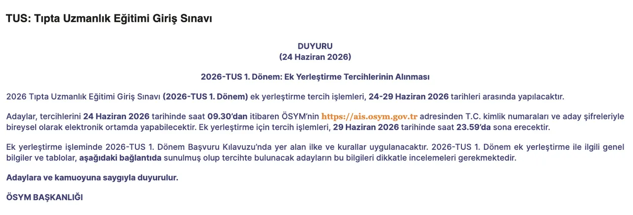 TUS ek yerleştirme tercihleri başladı! 2026 TUS 1. Dönem ek yerleştirme tercih sonuçları ne zaman açıklanacak?