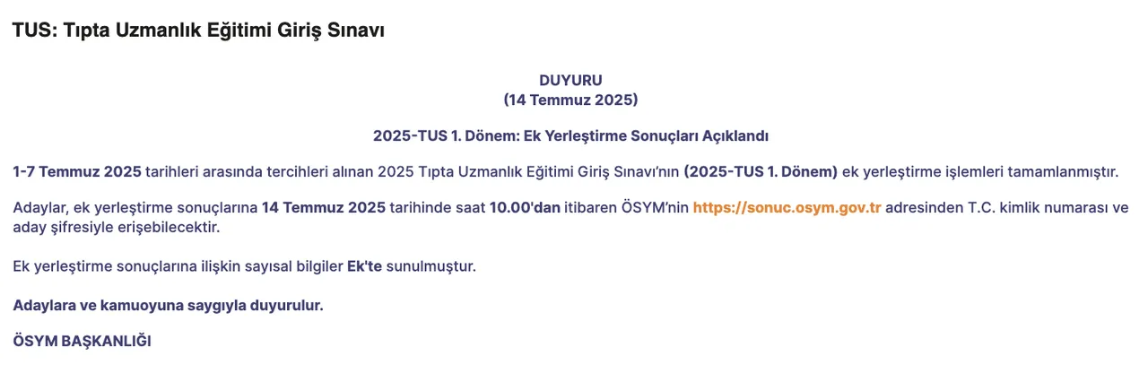 TUS ek yerleştirme tercihleri başladı! 2026 TUS 1. Dönem ek yerleştirme tercih sonuçları ne zaman açıklanacak?