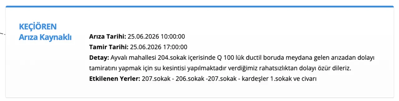 Ankara Çamlıdere ve Keçiören su kesintisi: 25 Haziran ASKİ kesinti sorgulama ekranı