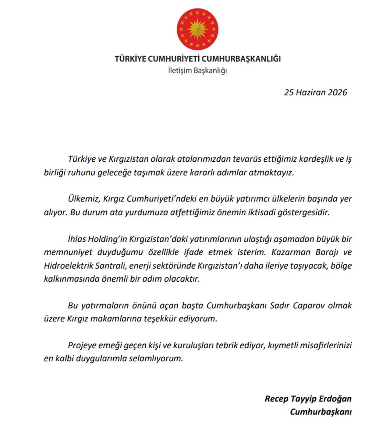 Cumhurbaşkanı Erdoğan'dan tebrik mesajı