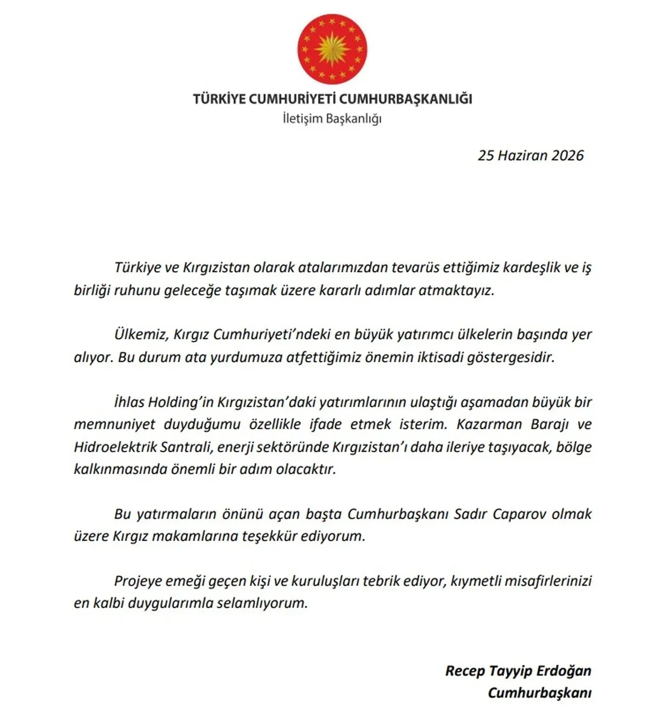 Cumhurbaşkanı Erdoğan, Kırgızistan’daki törene mesaj gönderdi