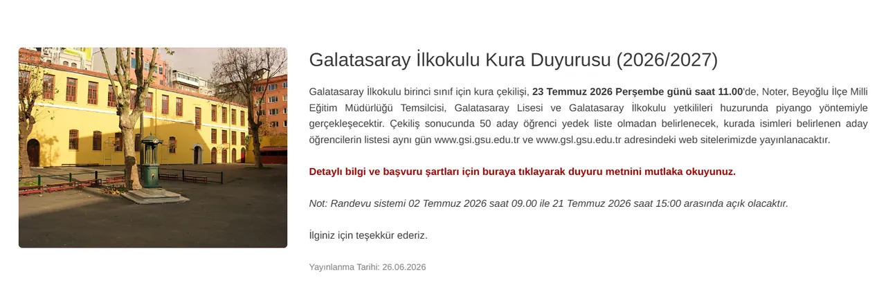 Galatasaray İlkokulu Kura tarihi ve başvuru şartları açıklandı! Yeni dönem Galatasaray İlkokulu Kura çekimi ne zaman?
