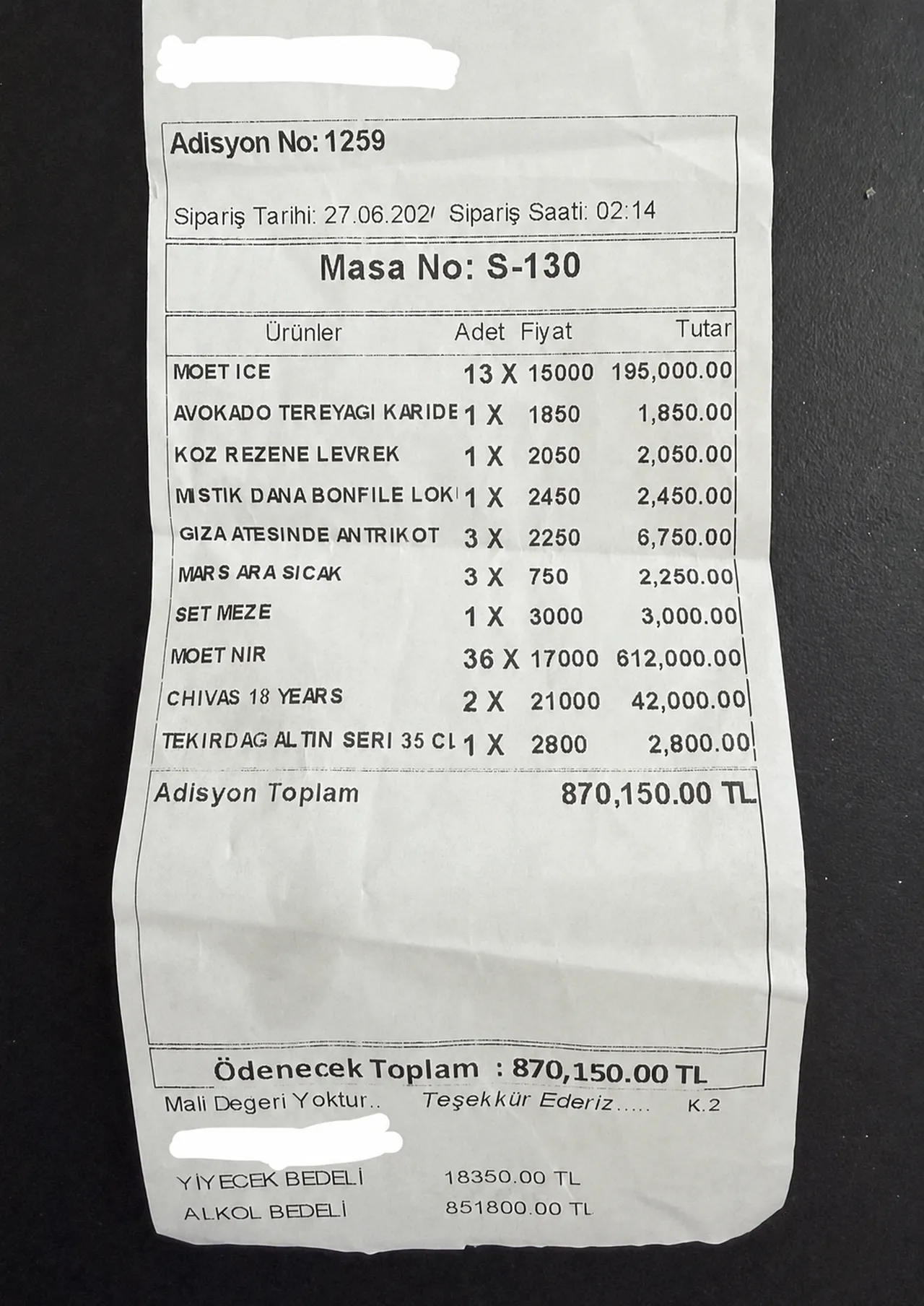 Söz konusu adisyon sosyal medyanın dilinde