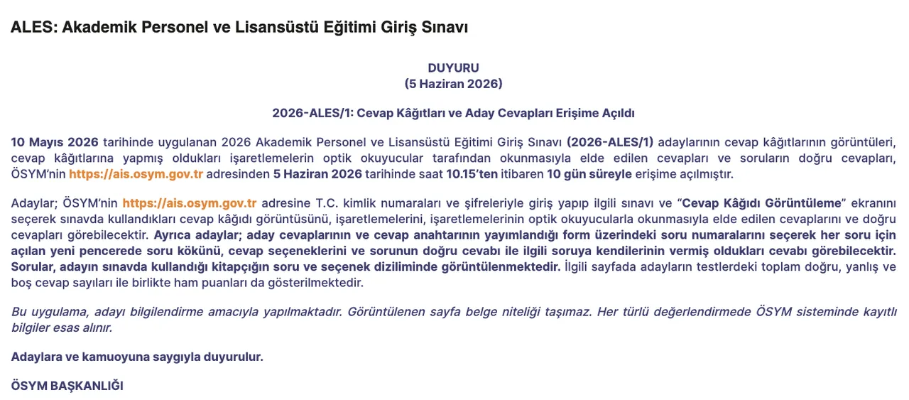 ALES sonuç sorgulama ekranı: 2026-ALES/1 sınav sonuçları açıklandı!