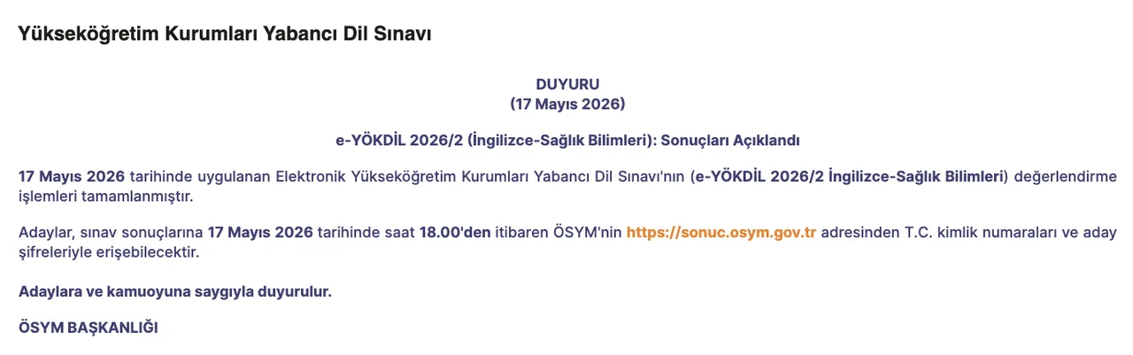 e-YÖKDİL sonuçları ne zaman, saat kaçta açıklanır? 6 Haziran ÖSYM sonuç sorgulama ekranı
