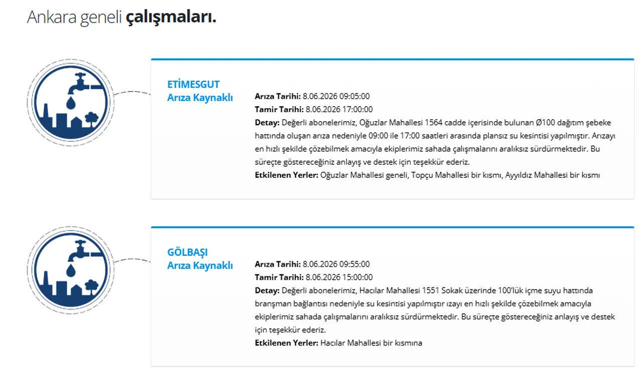 Ankaranın 5 ilçesinde (Etimesgut, Gölbaşı, Yenimahalle, Kazan, Kızılcahamamda) su kesintisi! Sular ne zaman gelecek?