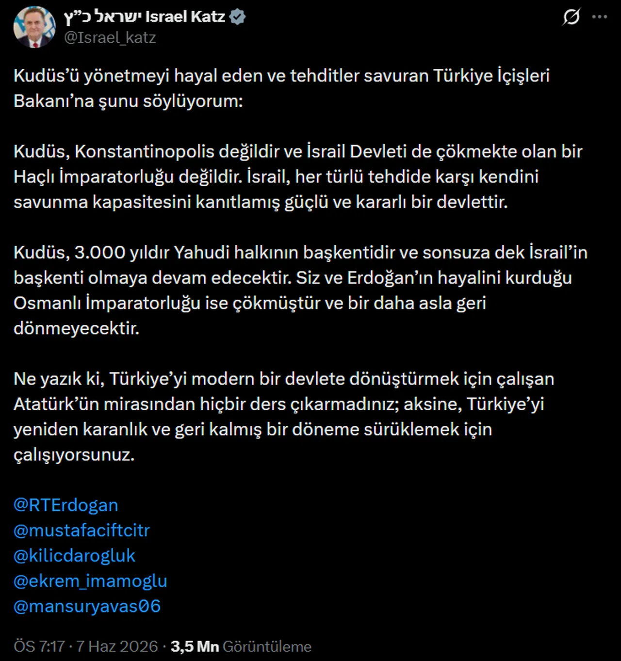 İsrail Savunma Bakanı İsrael Katz'ın küstah paylaşımı