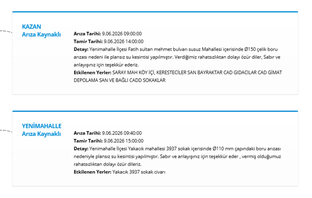 ASKİ Ankara su kesintisi 9 Haziran 2026: Ankarada sular ne zaman gelecek?