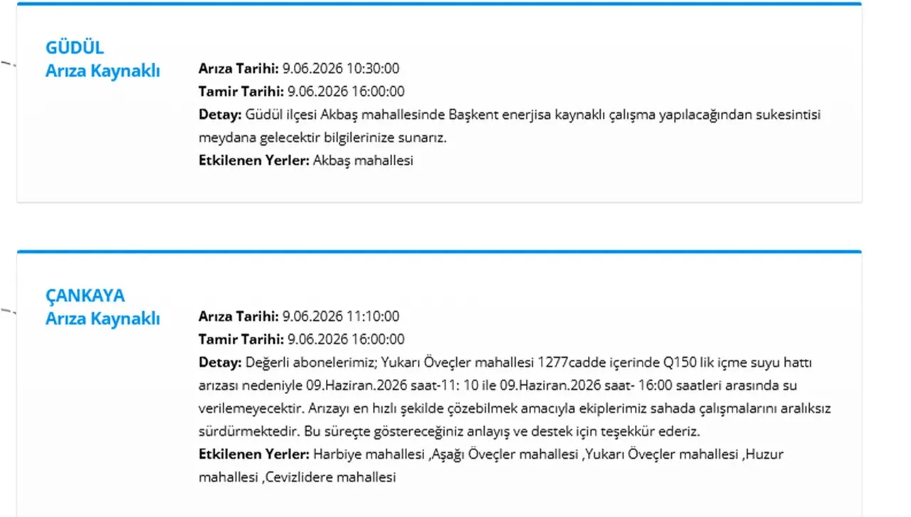ASKİ Ankara su kesintisi 9 Haziran 2026: Ankarada sular ne zaman gelecek?