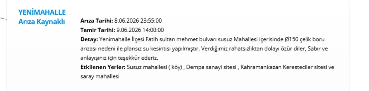 ASKİ Ankara su kesintisi 9 Haziran 2026: Ankarada sular ne zaman gelecek?