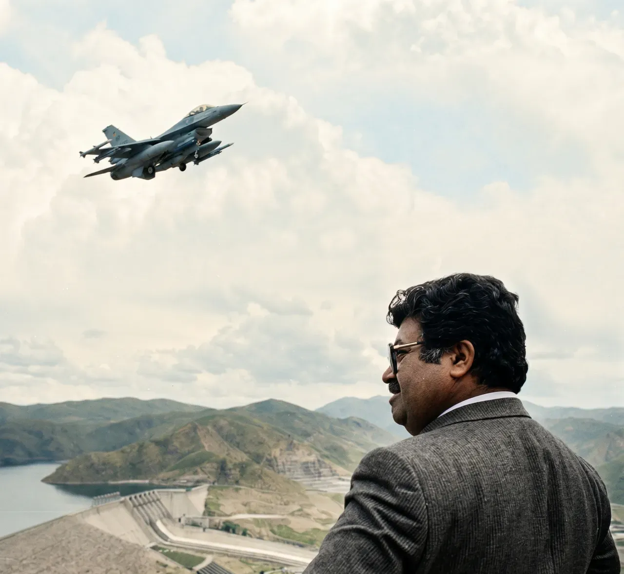 F-16 uçuşunu seyreden Turgut Özal Yapay zeka ile renklendirilmiştir.