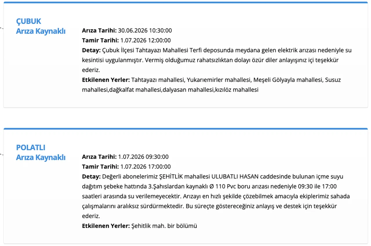 ASKİ su kesintisi 1 Temmuz: Çubuk, Polatlı, Altındağ ve Nallıhanda sular ne zaman gelecek?