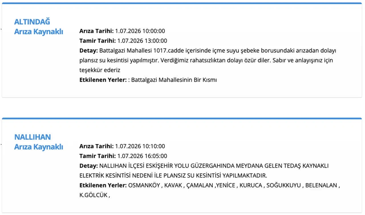 ASKİ su kesintisi 1 Temmuz: Çubuk, Polatlı, Altındağ ve Nallıhanda sular ne zaman gelecek?
