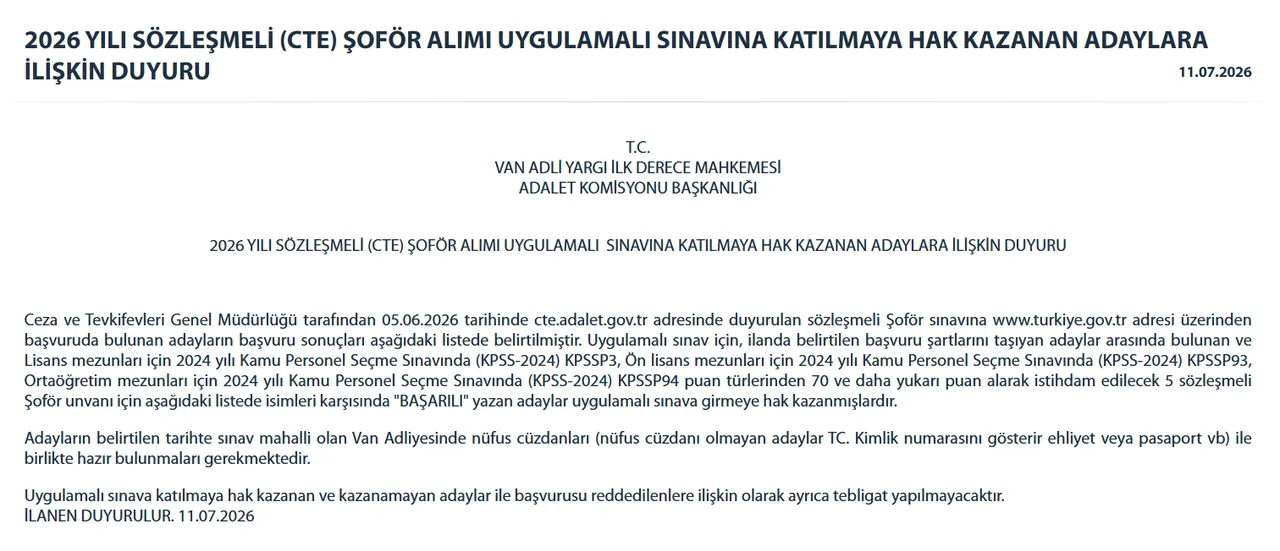Adalet Bakanlığı CTE personel alımı sonuçları kademeli olarak açıklanıyor! İl ilçe sonuç sorgulama
