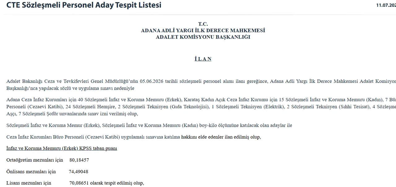 Adalet Bakanlığı CTE personel alımı sonuçları kademeli olarak açıklanıyor! İl ilçe sonuç sorgulama
