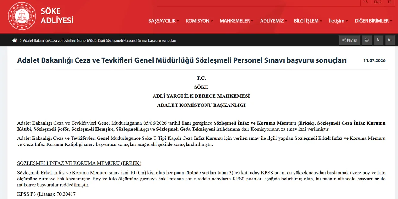 Adalet Bakanlığı CTE personel alımı sonuçları kademeli olarak açıklanıyor! İl ilçe sonuç sorgulama