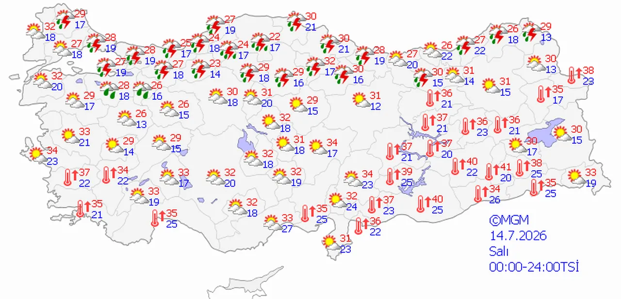 14 Temmuz 2026 MGM hava durumu tahmin haritası