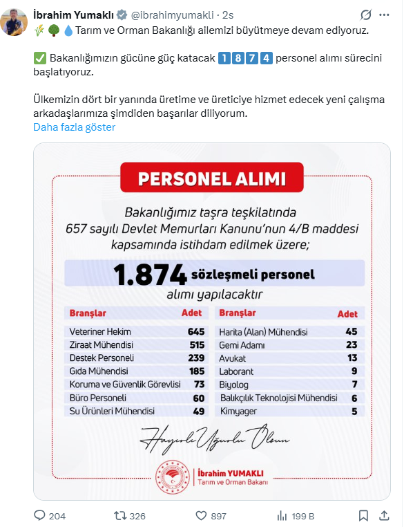 Tarım ve Orman Bakanlığı 1874 sözleşmeli personel alacak! Bakan Yumaklı kadro ve branş dağılımını paylaştı