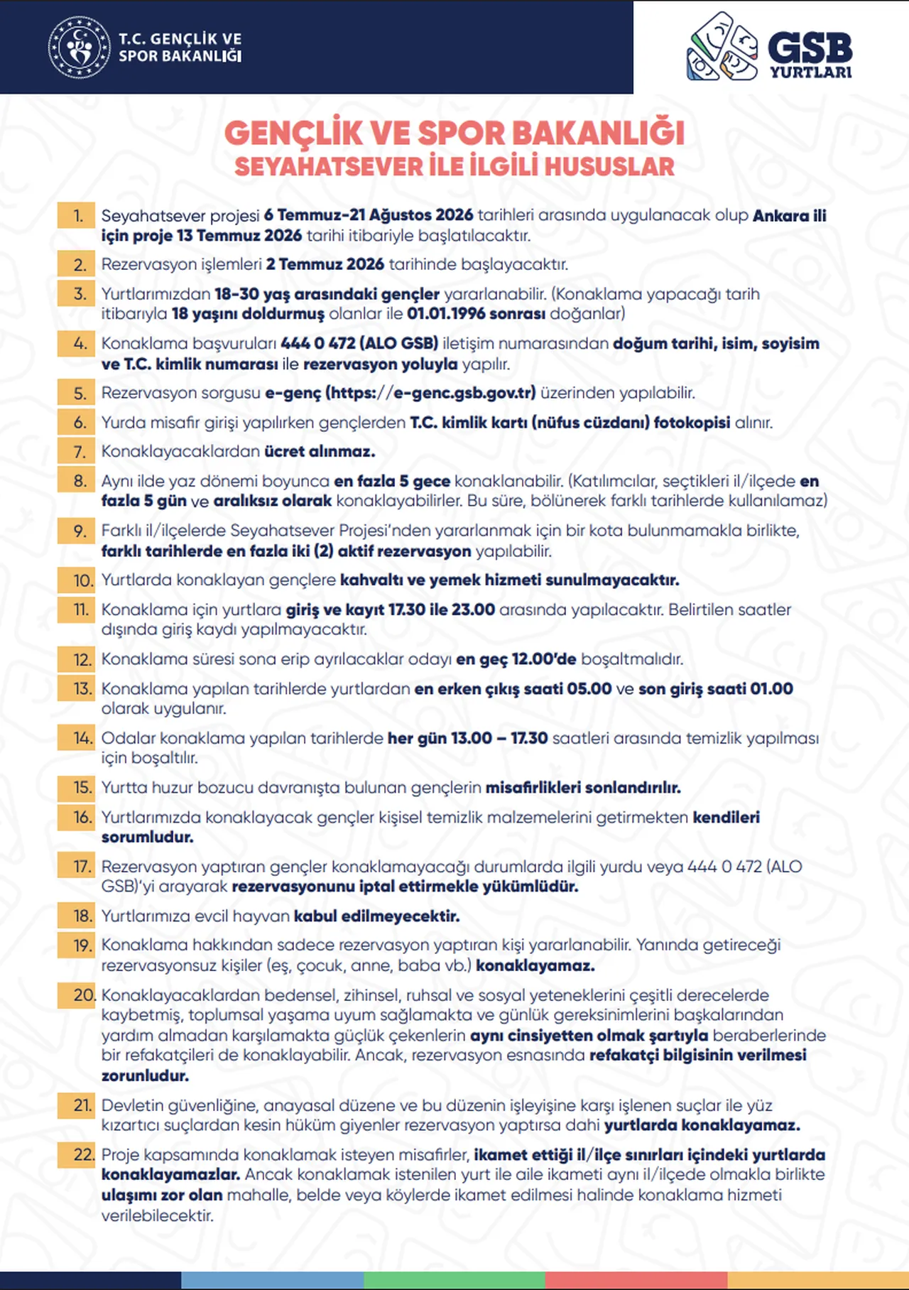 GSB Seyahatsever projesi yaş sınırı nedir, şartlar neler? İşte 2026 yurt listesi