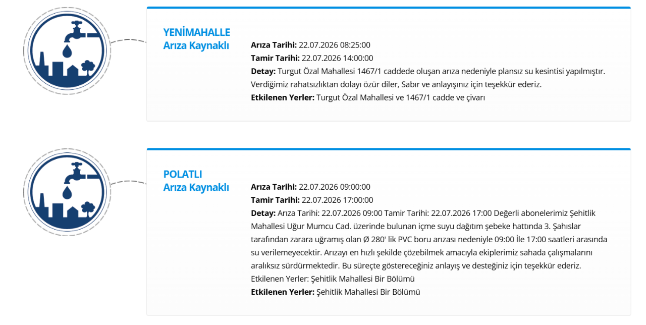 ASKİ Ankara su kesintisi yaşanan ilçeler! 22 Temmuz Ankara'da su kesintisi ne zaman bitecek?