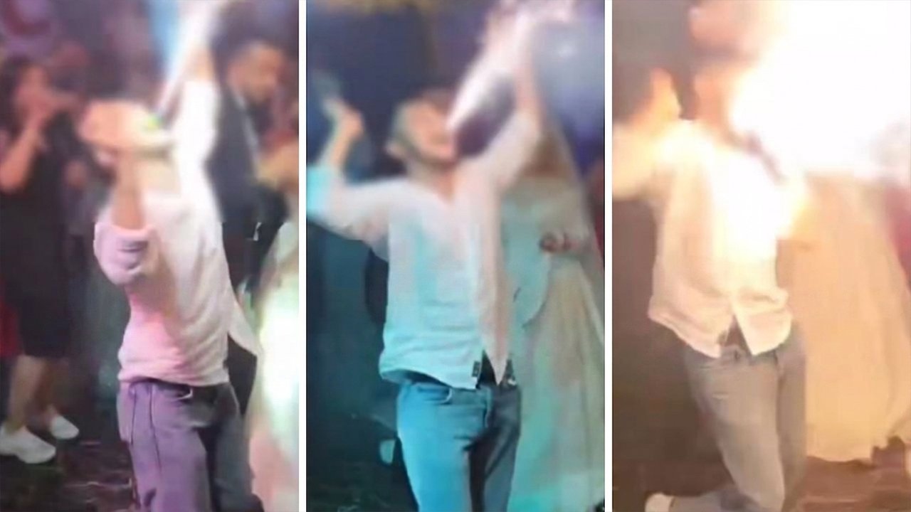 Ankara'da düğünde yürekler ağza geldi! Ağzında tuttuğu meşale patladı