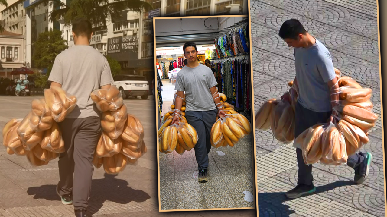 Böyle rekor görülmedi! Tek seferde iki kolunda 100 ekmek taşıyor, gören bir daha bakıyor