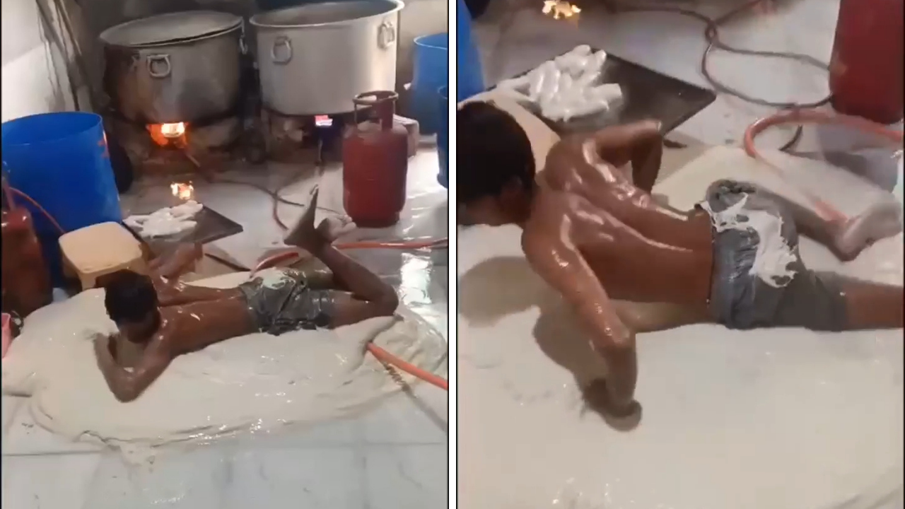 GIda üretim tesisinde mide bulandıran görüntüler! Hamurun üzerinde yuvarlanıp üzerine su sıktırdı