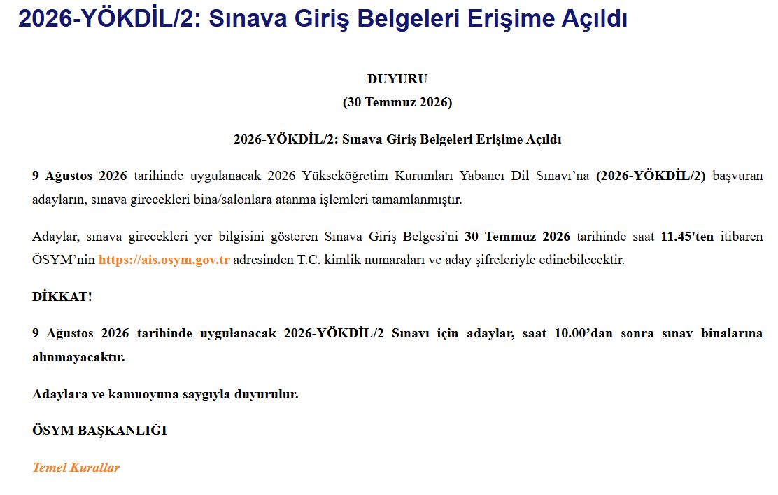 2026-YÖKDİL/2 sınav yerleri açıklandı (YÖKDİL sınav giriş belgesi sorgulama)