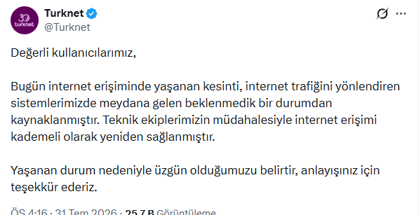 TurkNet'ten internet kesintisine ilişkin yeni açıklama geldi! Erişim kademeli olarak yeniden sağlandı