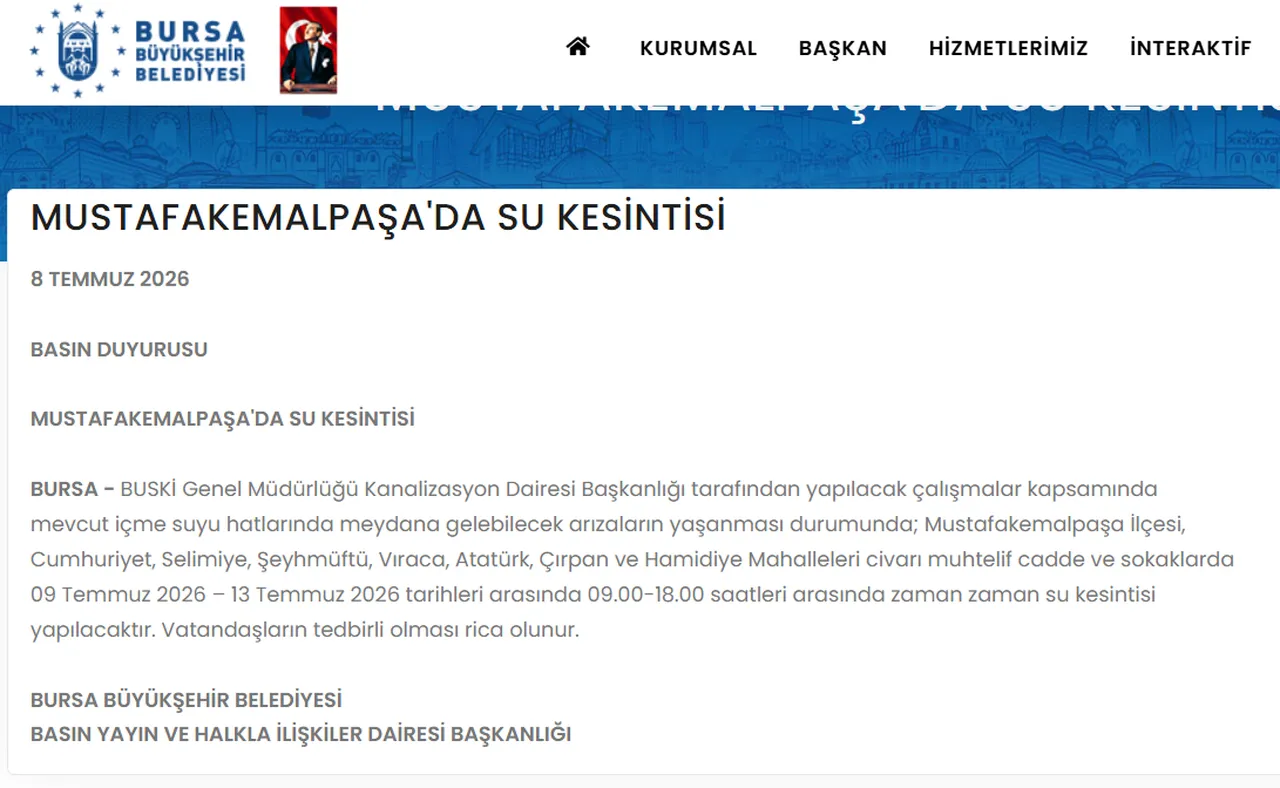 BUSKİ duyurdu... Mustafakemalpaşada 5 gün su kesintisi yaşanacak! Bursada sular ne zaman gelecek?